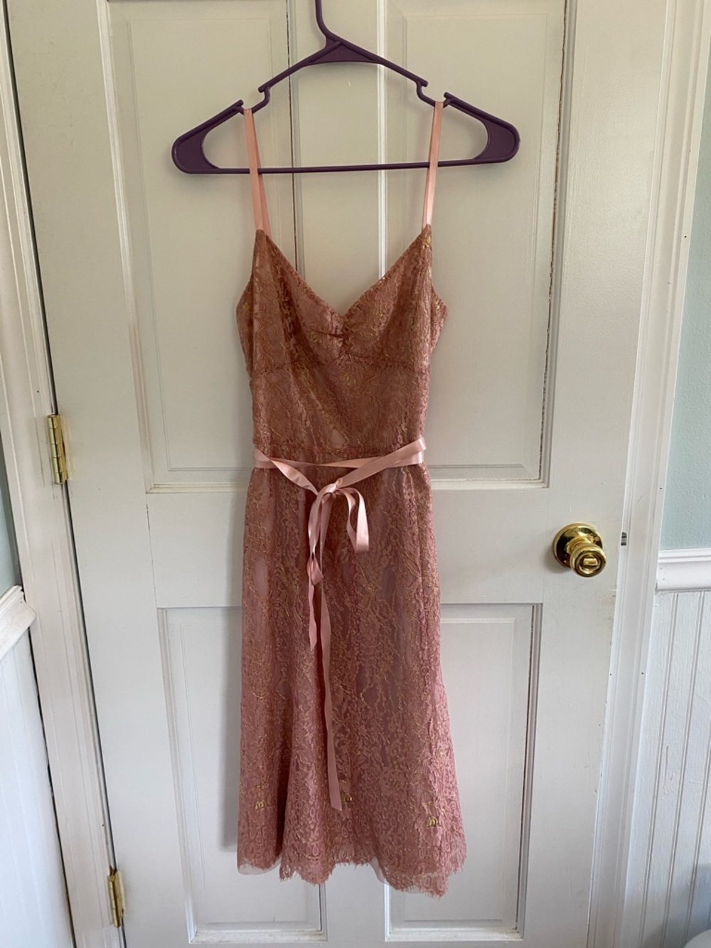 Lace Midi Slip Dress with Satin Tie - Dusty Rose